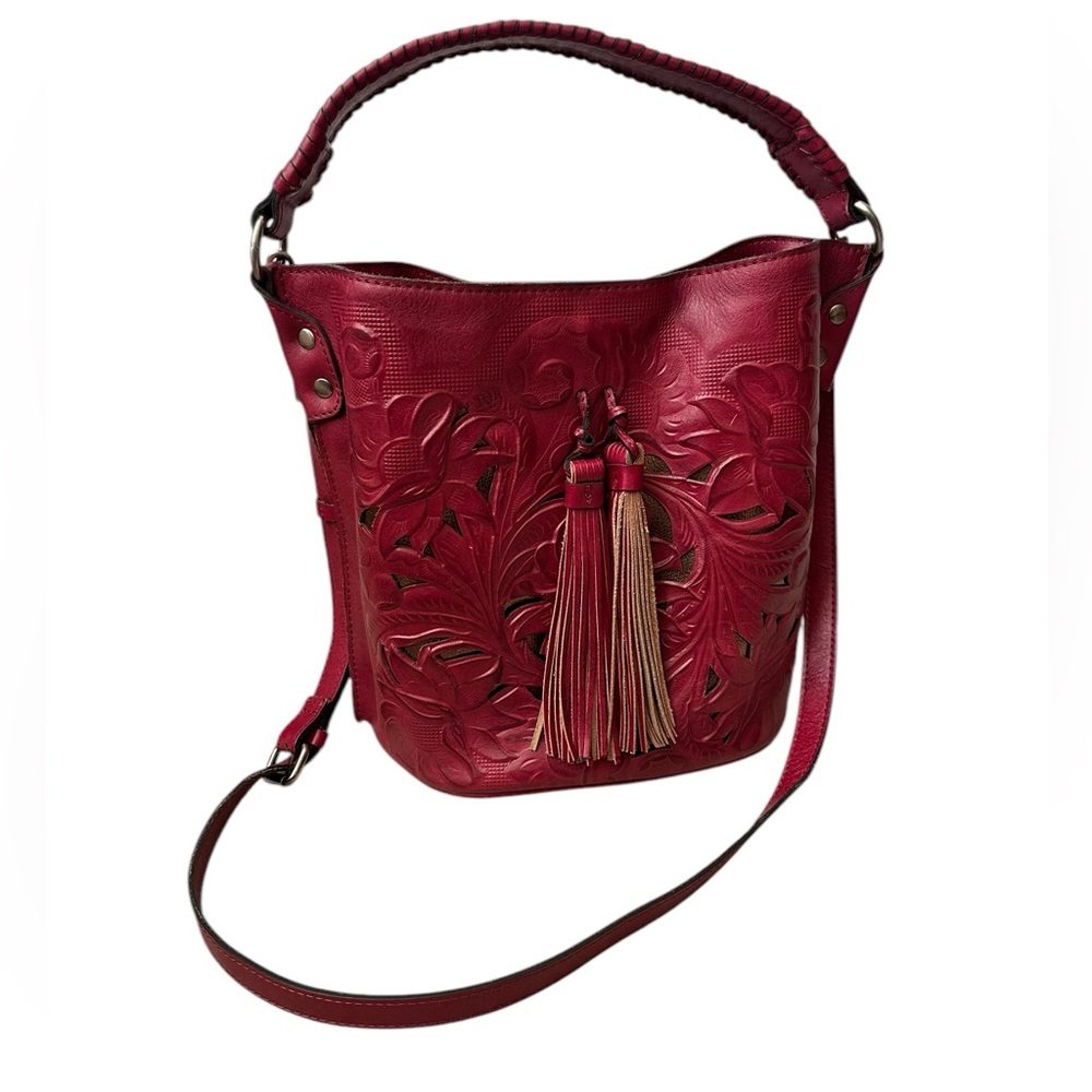 Patricia Nash Red Leather Tooled Tassel Crossbody Bag